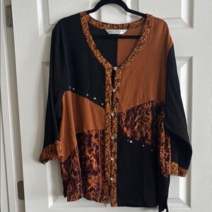 Black and Brown Boxy Embellished Blouse with 3/4 Sleeves
